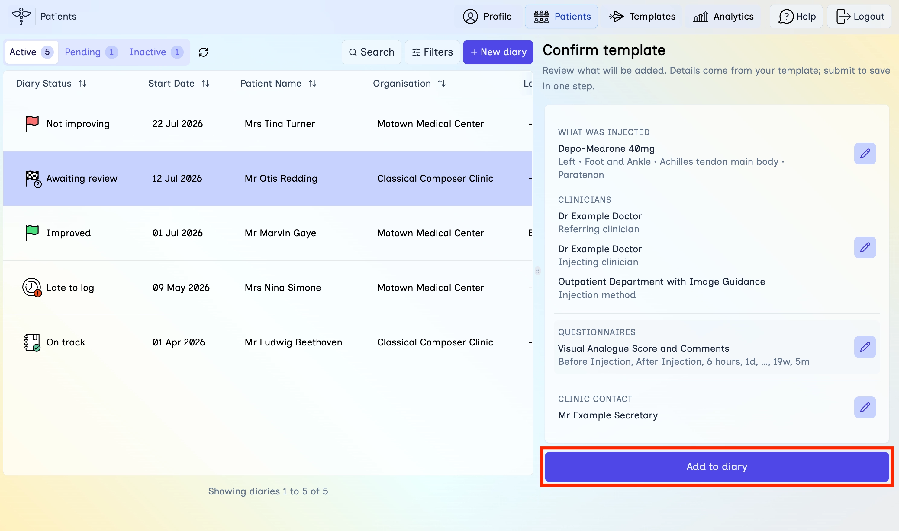 Confirm template panel with Add to diary highlighted