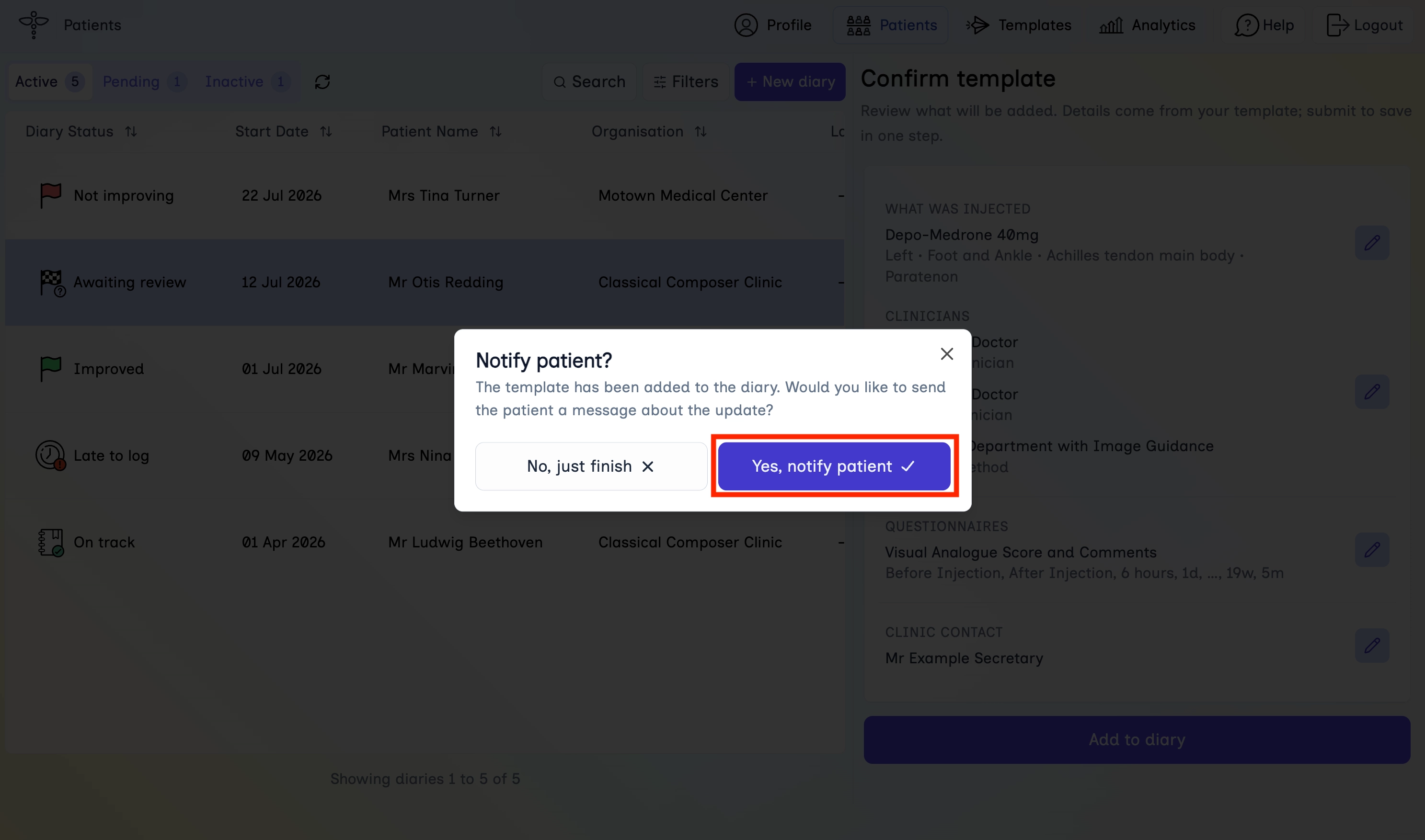 Notify patient dialog with Yes, notify patient highlighted