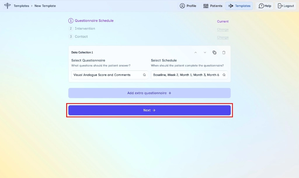Completed questionnaire schedule with Next button